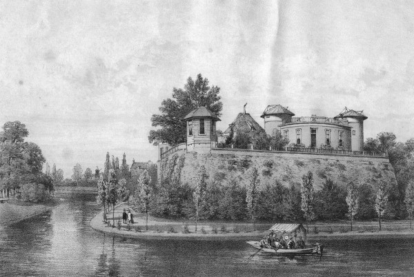 Een prent van de Sterrenwacht en het KNMI die op 1854 op bastion Sonnenborgh werden gebouwd 