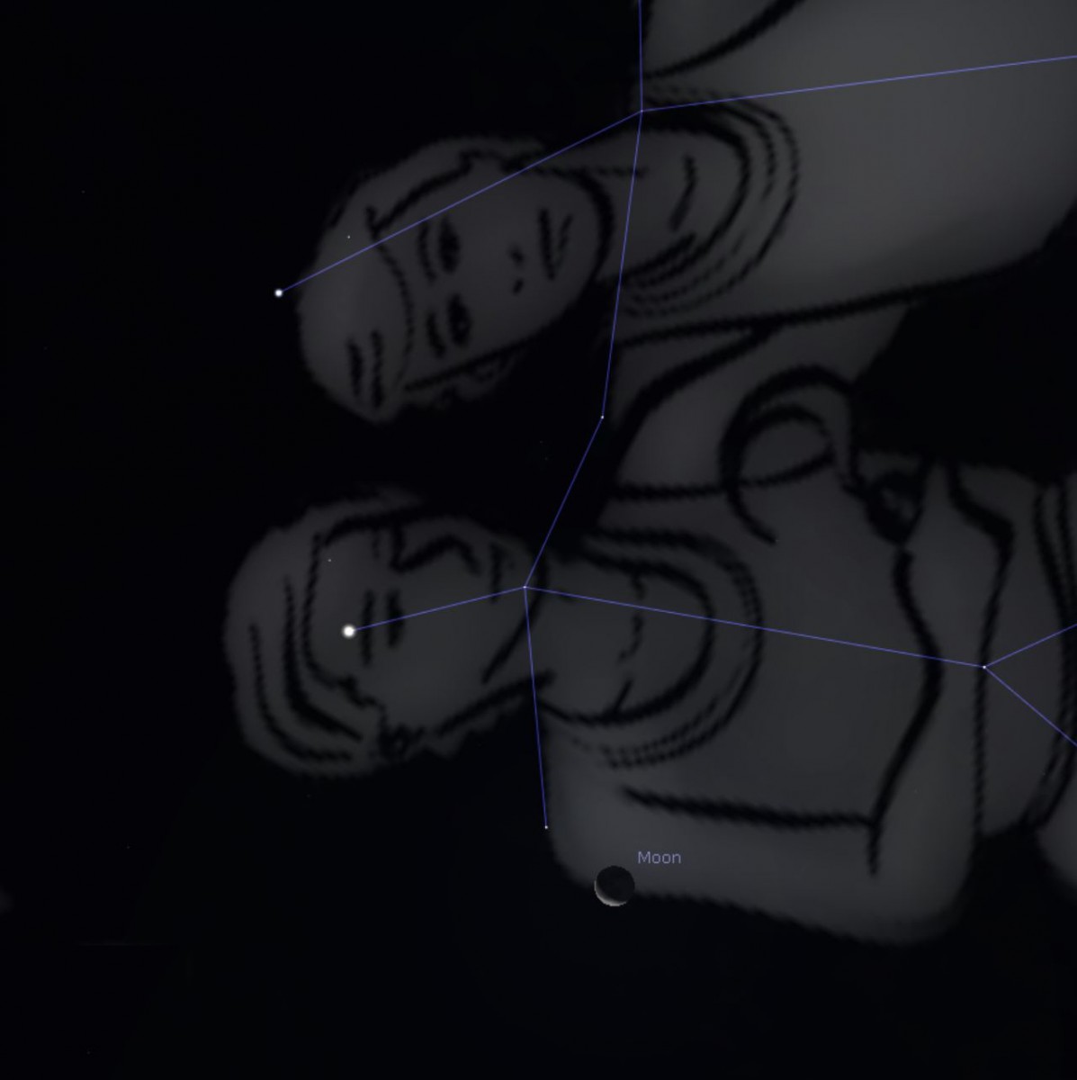 De Maan en de sterren Castor en Pollux